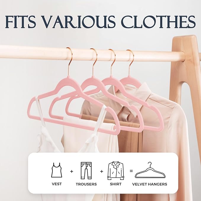 HOUSE DAY Pink Velvet Hangers 100 Pack, Premium Non-Slip Felt Clothes Hangers, Sturdy Heavy Duty Coat, Durable Hanger for Suits, Space Saving with No Hanger Mark, 360° Swivel Rotating Rose Gold Hook