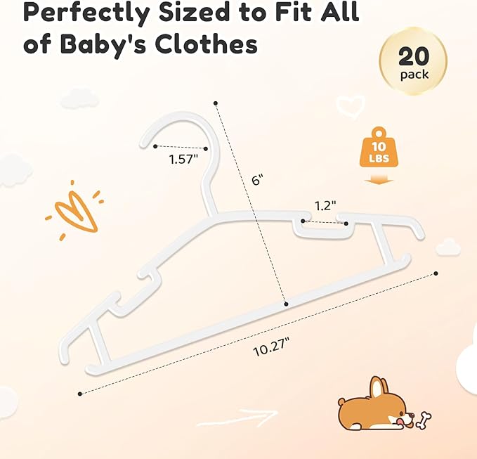 Kids Plastic Hangers, Baby Clothes Hangers for Closet 20 Packs Non-Slip Toddler Hanger for Infant Child Clothing Pants Coats Skirts (White)