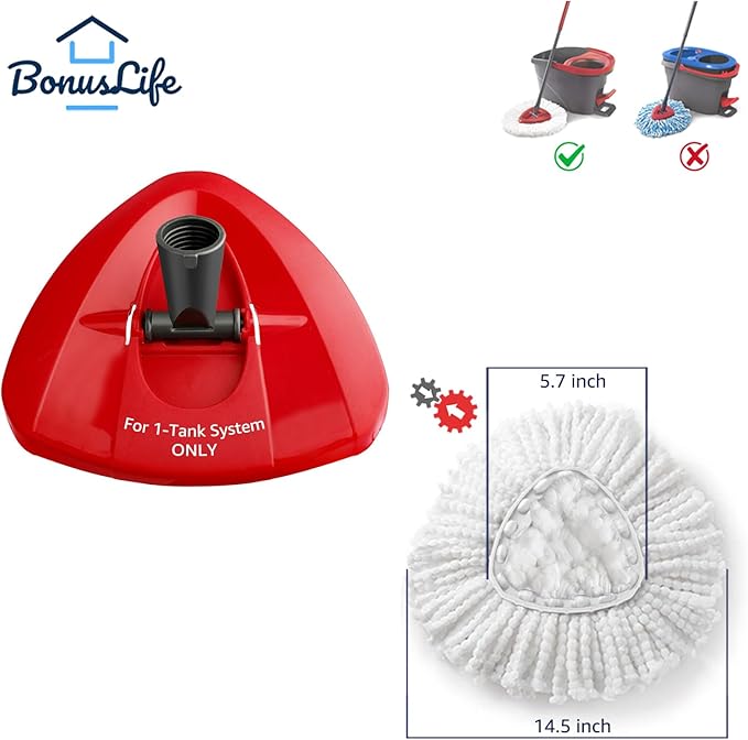 BonusLife 1 Pack Mop Refill and 1 Mop Head Base Part for O-Ceda EasyWrin Spin Mop Refill 1-Tank System Only Easy Cleaning Microfiber Replacement