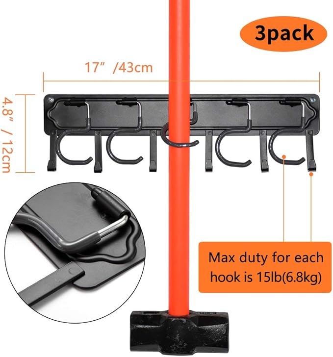 YueTong All Metal Garden Tool Organizer,Adjustable Garage Wall Organizers and Storage,Heavy Duty Wall Mount Holder with Hooks for Broom,Rake,Mop,Shovel.(3 Pack)