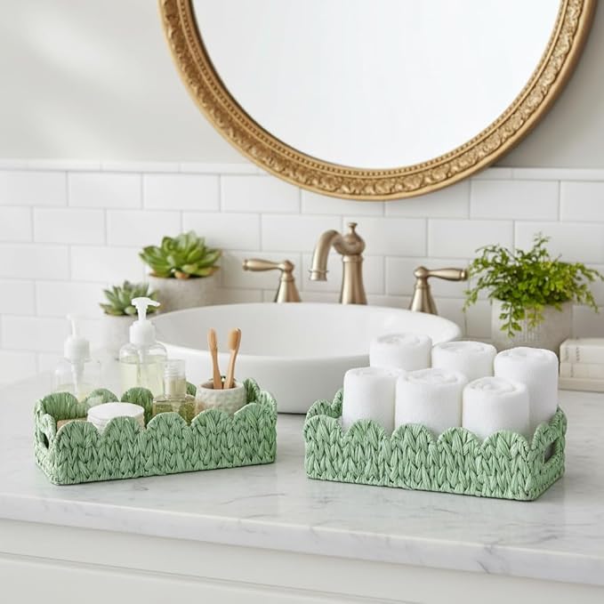 Green Toilet Basket,2 Pack Scalloped Wicker Basket for Shelves,Both Storage and Decor,Small Toilet Paper Baskets for Tank Topper,Countertop,Rectangle