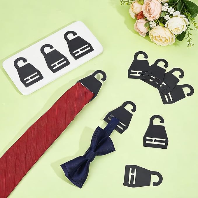 AHANDMAKER 50Pcs Black Tie Hanger Plastic Neck Tie Holders Organizer for Retail Display Closet Storage Space Saving Plastic Neck Tie Hook Hangers for Men Women Ties Belts Scarves 74x46x1mm