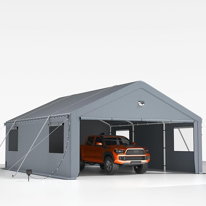 20X20 Carports Heavy Duty,Car Port with Removable Side Wall,Carport Canopy,Portable Car Port Garage,Car Shelter All Weather,Gray