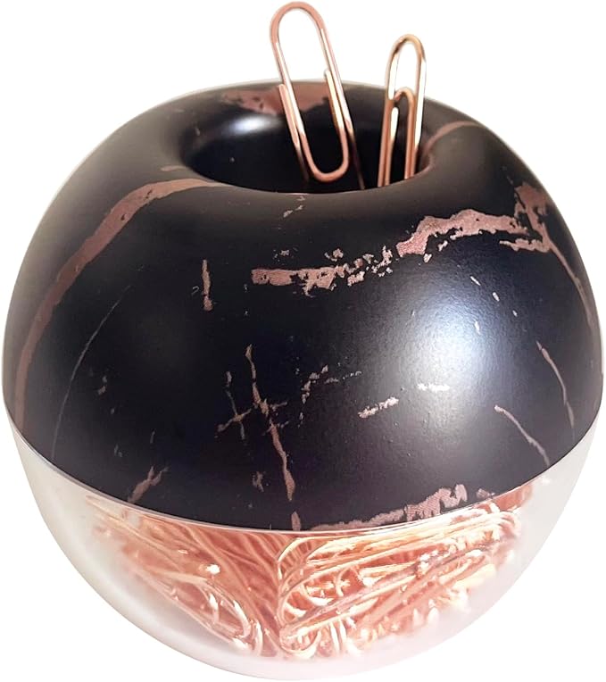 Magnetic Paper Clip Holder, Black Marble Holder with Rose Gold PaperClips 100pcs 28mm(1.1") Cute Office Supplies for Desk Organizer
