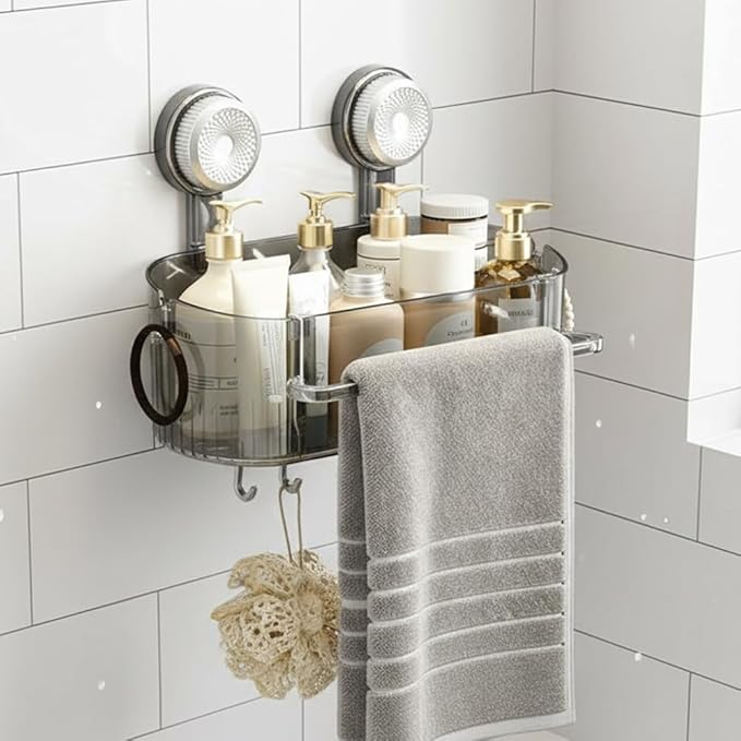No-Drill Bathroom Suction Storage Box, 2026 Upgrade Removable Bathroom Hanging Suction Storage Box, Corrugated Suction Cup Storage Holder for Home, Bathroom Shower Caddy (Grey)