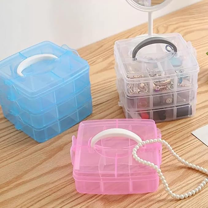 3-Tier Hair Accessories Storage Box, Clear Plastic Organizer with Handle, 5.9 x 5.9 x 5.1 in (Blue, 5.9 x 5.9 x 5.1 in)