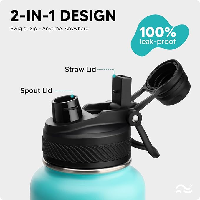 [2-IN-1 LID] Insulated Water Bottle with Silicone Boot (36hrs Cold/18hrs Hot) - DIY Stickers, Leakproof, BPA Free, 32 oz