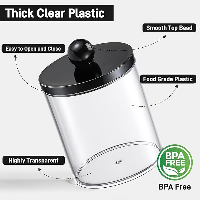4 Pack Acrylic Qtip Holder Dispenser for Cotton Swabs, Balls, Pads, Floss - Plastic Canister Apothecary Jar Set, Bathroom Essentials Accessories Decor Vanity Makeup Storage Organizer - Clear & Black