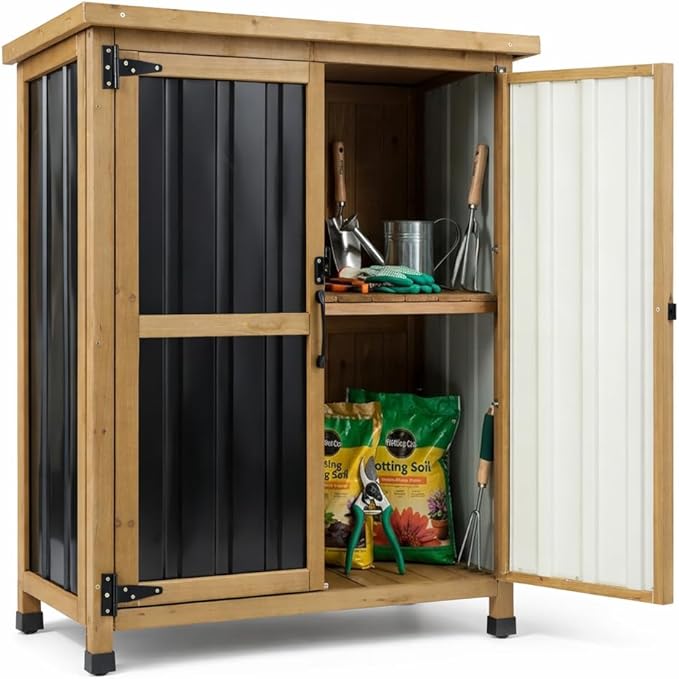 Small Outdoor Storage Cabinet Wood & Metal, Small Garden Tool Storage Cabinet with Asphalt Roof, Double Lockable Doors & Removable Shelves for Porch, Patio, Garden, Backyard