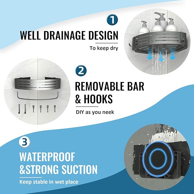 Onemake Corner Shower Caddy Suction Cup, Aluminum Wall Mounted Organizer Shelves Storage Rack with Towel Bar for Small Bathroom Grey