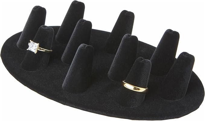 Plymor Black Velvet Ring Finger Display, Ten on Oval Base, 7.5" W x 4.5" D x 1" H (Pack of 2)