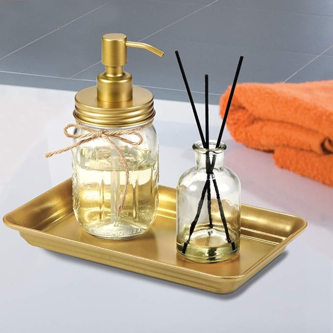 SheeChung Vintage Farmhouse Decor Metal Vanity Tray(4 Pack),Countertop Guest Hand Towel Storage Organizer Tray Dispenser, Sturdy Holder for Perfume,Cosmetics, Jewelry, Makeup Bathroom Organizer (Glod)