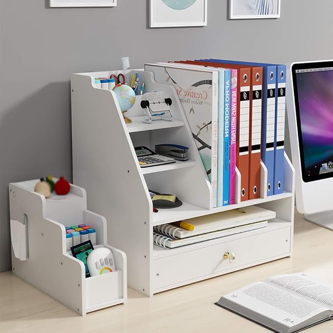 Desk Organizer with Pen Holder, DIY White Office Stationery Desktop Storage Holder Sorter with Drawer for Home, Office and School (PB04)