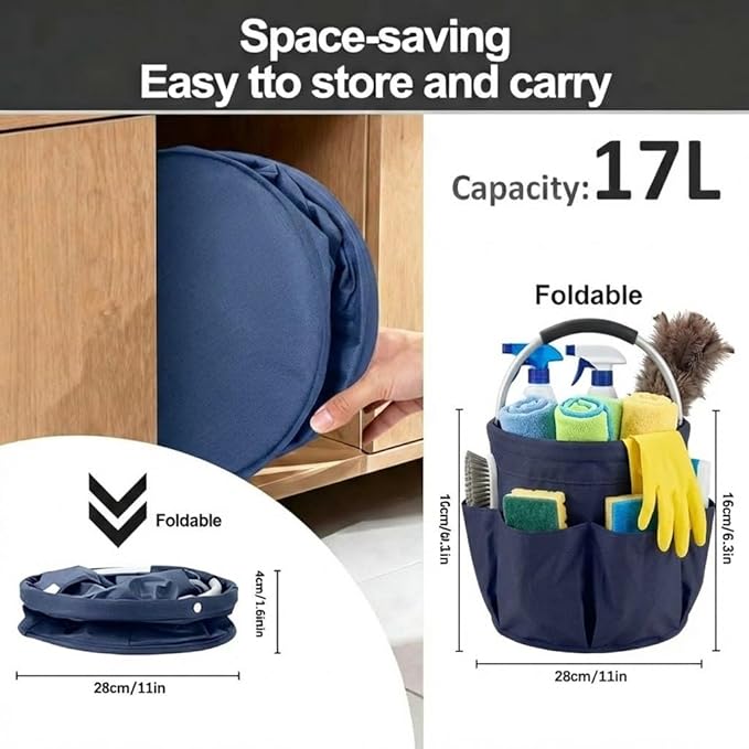 Multifunctional 17L Cleaning Caddy,Foldable 600D Organizer Bag with EVA Grip and 6 Pockets,Portable Storage Tote for Housekeeping,Car Detailing,Garden,Bathroom and Dorm (blue)