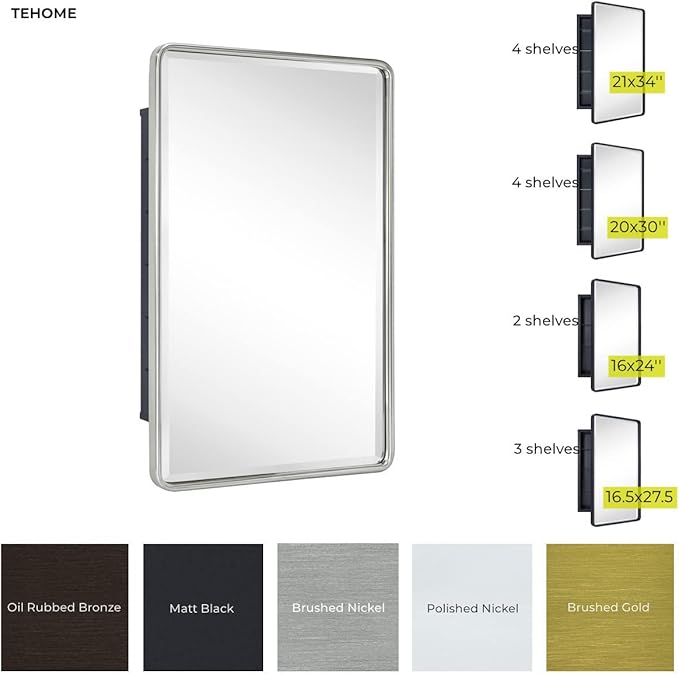 TEHOME Farmhouse Matt Black Recessed Bathroom Medicine Cabinet with Mirror Rounded Rectangle Metal Framed Medicine Cabinet with Beveled Mirror 21x34''