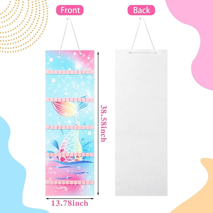 Tudomro Hanging Headband Holder for Girls Felt Hair Accessories Organizer with 60 Elastic Bands Bow Hanger for Girls Hair Bows Without Headbands(Mermaid,Bright Color)