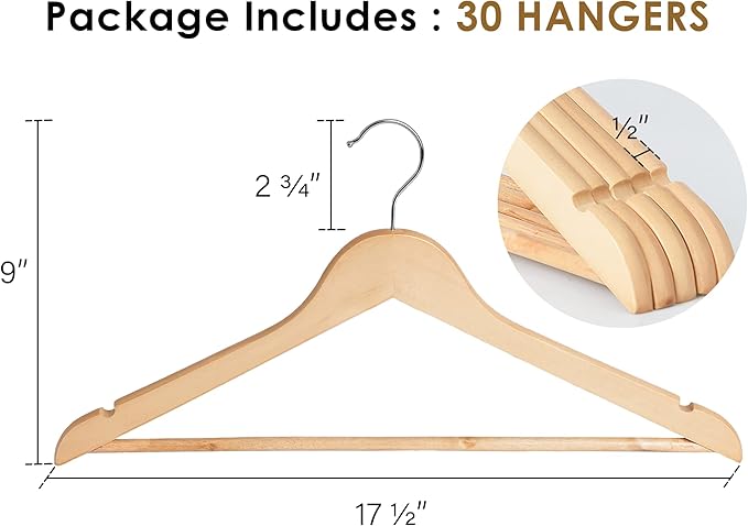 StorageWorks Wooden Hangers 30 Pack, Wood Coat Hangers for Closet, Heavy Duty Clothes Hangers for Suits, Shirts, Pants, Jackets, Natural Wood Color