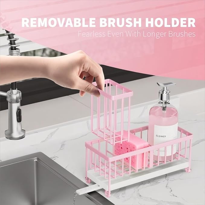 Cisily Sponge Holder for Kitchen Sink, Sink Caddy Organizer with High Brush Holder, Kitchen Countertop Organizers and Storage Essentials, Rustproof 304 Stainless Steel (Pink, 9.25″)