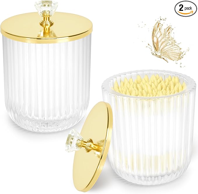 Jenseits 2PCS Qtip Holder Set, Clear Glass Apothecary Jars With Lid for Cotton Ball and Round Pad Storage, Bathroom Vanity Organization, Farmhouse Home Decor