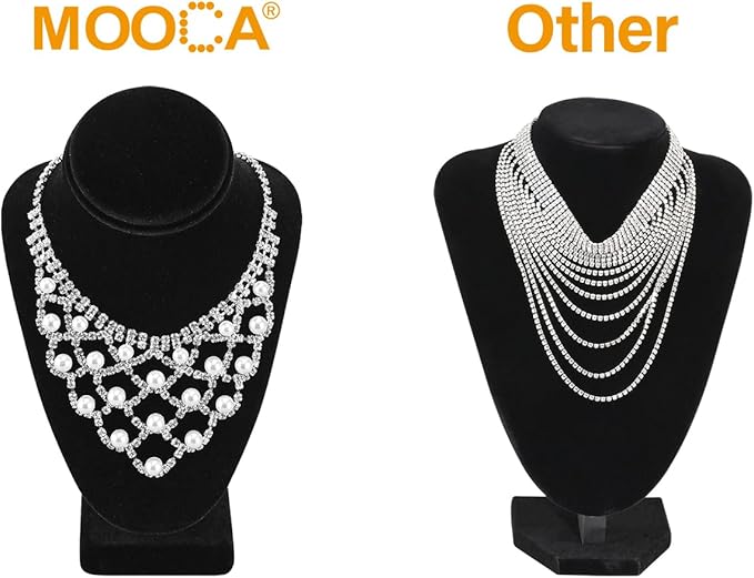 MOOCA 2-Piece Black Velvet Necklace Bust Display Set - Adjustable Hook - Jewelry Mannequin Stand for Necklaces & Chains up to 16-6 1/4 in H