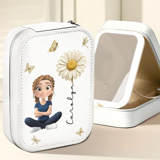 Floral Soul - Personalized Jewelry Box with LED Mirror, Cute Cartoon Girl Leather Jewelry Box, Custom Birth Flower Mirror Jewelry Organizer for Women, Friendship Keepsake Gifts, Sister Gifts