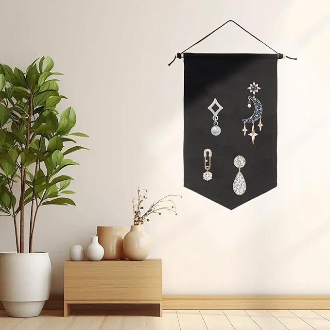 3 PCS Canvas Banner Blank with Wooden Dowel, Canvas Banners Wall Hanging Brooch Jewelry Badges Display, Enamel Pin Holder Display for Buttons Earrings (Black, Medium)