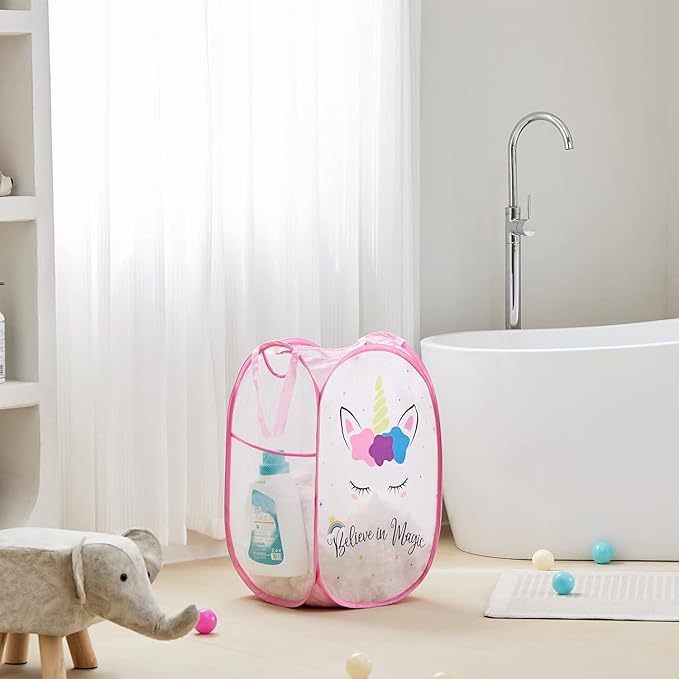 TECHMILLY Collapsible Mesh Pop Up Laundry Hamper with Sturdy Handles and Side Pocket - Portable Foldable Clothes Baskets for Dorm, Bathroom & Travel Storage (Unicorn, 2 Packs)