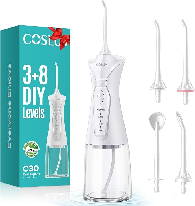 COSLUS Water Dental Flosser Pick for Teeth C30(FC5360): 4 Modes Cordless Portable 300ML Larger Tank Water Teeth Cleaner IPX7 Waterproof Flossing Cleaning Picks for Home Travel White