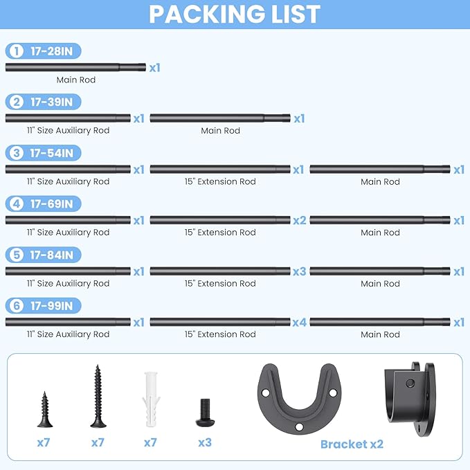 Closet Rods for Hanging Clothes, 17 to 69 Inch Stepless Adjustable Closet Rod, 1.3 Inch Diameter Metal Heavy Duty Closet Hanging Rod for Closet Wardrobes Laundry RV, Black