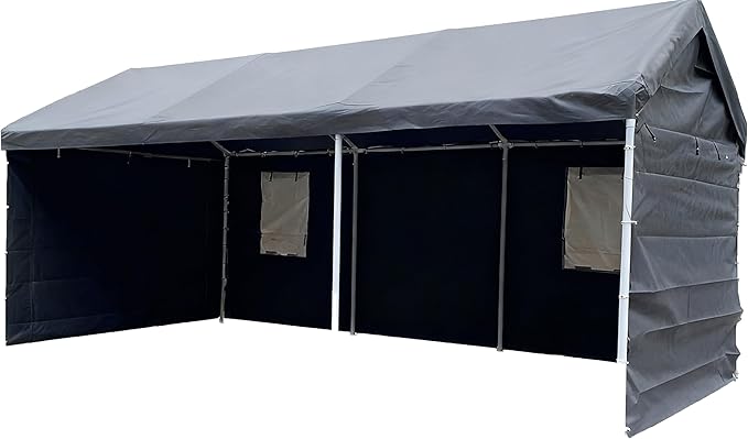 Rutile 10x20 Carport Replacement Sidewall, 180G PE Waterproof & UV Protected Sidewall Cover (Gray, Sidewall Panel with Mesh Windows)