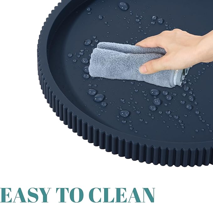 Silicone Bathroom Tray Round Kitchen Counter Organizer Decorative Vanity Accessories Coffee Table Decor for Perfume, Candle, Soap Dish, 9 Inch, Dark Blue