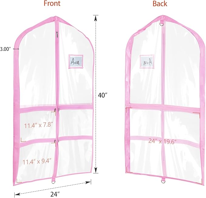 Univivi Clear Pink PVC Dance Costume Bags (12 Pack) Garment Bag 40 Inch for Dance Competitions, with 4 Medium Clear Zipper Pockets and 1 Large Back Zippered Pocket [Upgraded Version]