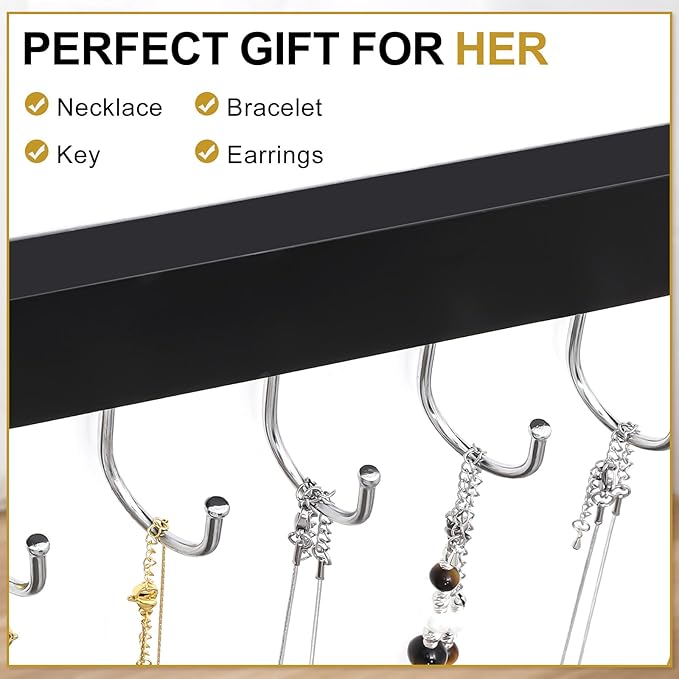 Hanging Jewelry Organizer, 2 Pack Black Necklace Holder for Wall Wooden Necklace Organizers Hangers Wall Mount with 24 Hooks Jewelry Display Hanger for Necklaces, Bracelets, Earrings, Keys