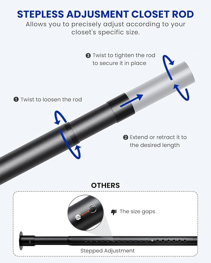 2 PACK Closet Rods for Hanging Clothes, 17 to 69 Inches Stepless Adjustable Metal Closet Rod, 1.3 Inches Heavy Duty Clothes Hanging Rod for Closet Wardrobes Laundry RV, Black
