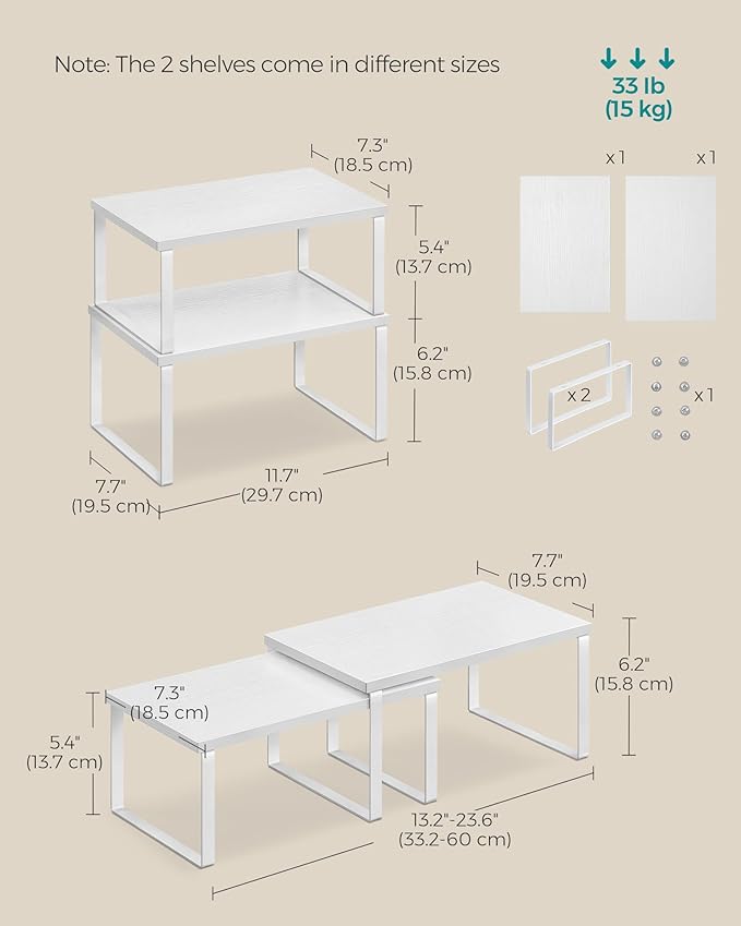 SONGMICS Cabinet Organizer Shelf, Set of 2 Kitchen Counter Shelves, Kitchen Storage, Spice Rack, Stackable, Expandable, Metal and Engineered Wood, Cloud White and Snow White UKCS02W01 (Pack of 2)