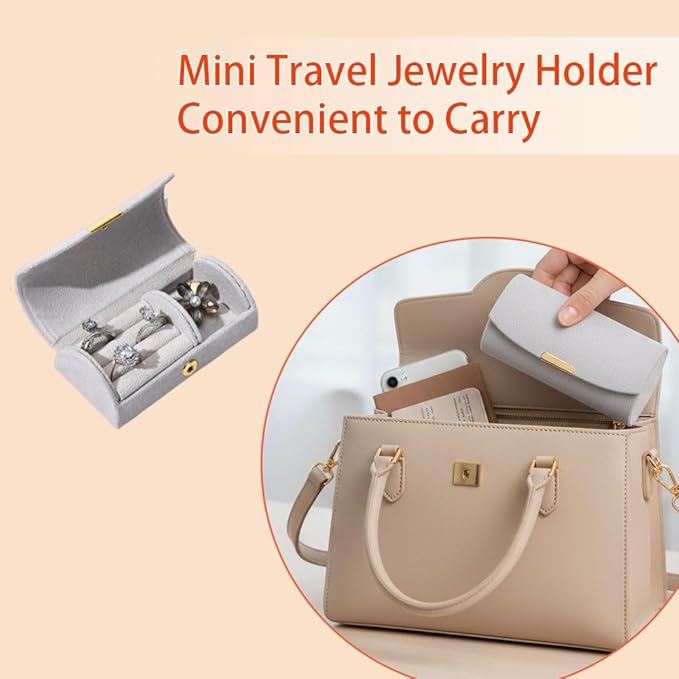 Mini Travel Jewelry Case, Gray Leather Ring Storage Box with Locking Design, Portable 3-Compartment Organizer for Women (grey, Pearl velvet)