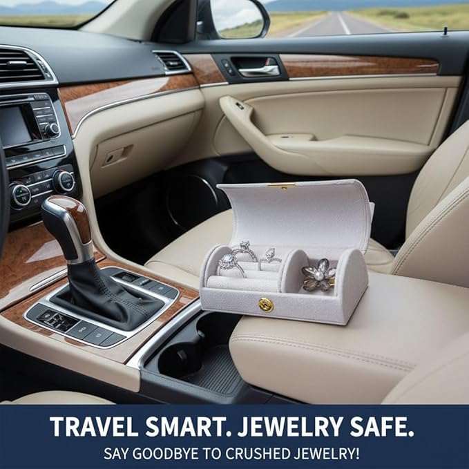Mini Travel Jewelry Case, Gray Leather Ring Storage Box with Locking Design, Portable 3-Compartment Organizer for Women (grey, Pearl velvet)