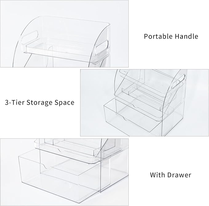 FABROK 3-Layer Desk Organizer with Drawer, Clear Office Supplies and Desk Accessories Organizer with Handle, Desktop Organizer and Storage for Stationery（Clear）