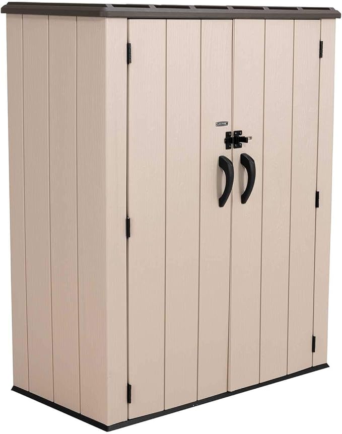 Lifetime Vertical Storage Shed, Desert Sand, Resin Outdoor Tool Shed with Lockable Doors and Weather-Resistant Panels