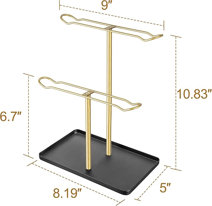 Headband Holder Organizer for Hair Accessories: Headband Storage Vanity Hair Clip Organizer, Two-Tier Stand with Storage Tray for Girls Women, Jewelry Necklace Rack for Vanity, Bathroom, Gold Black