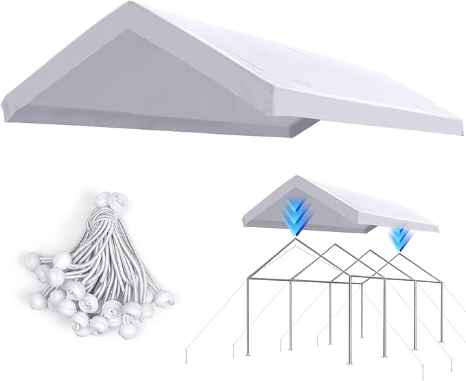 ADVANCE OUTDOOR Replacement Top Cover Tarp for 12x20 ft Carport Canopy with Ball Bungees, White, One Roof Only