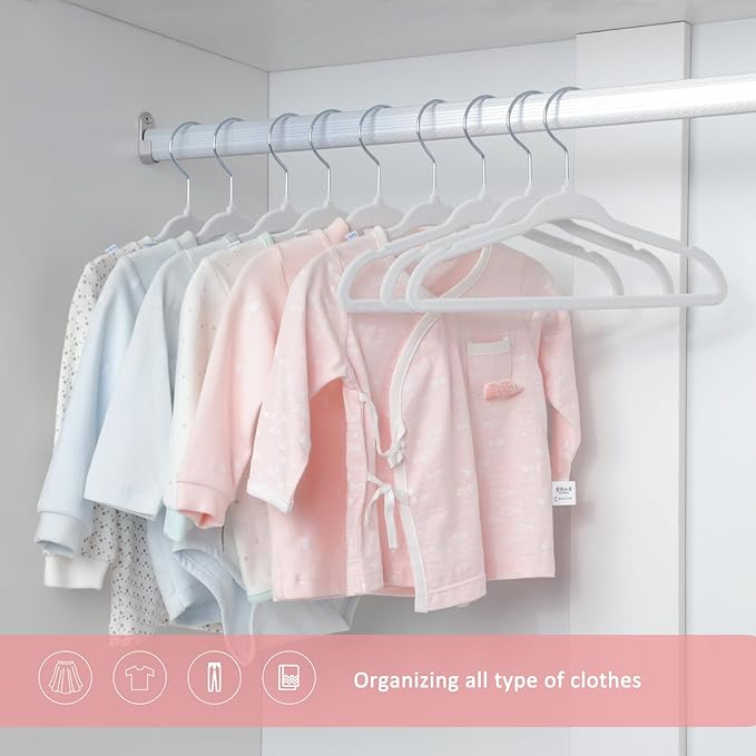 ManGotree 11" Baby Velvet Hangers, Non-Slip Kids Coat Hangers with 360° Swivel Hook, Ultra-Thin Felt Children's Hanger for Infant & Toddler Clothes, 66 Pack (White)
