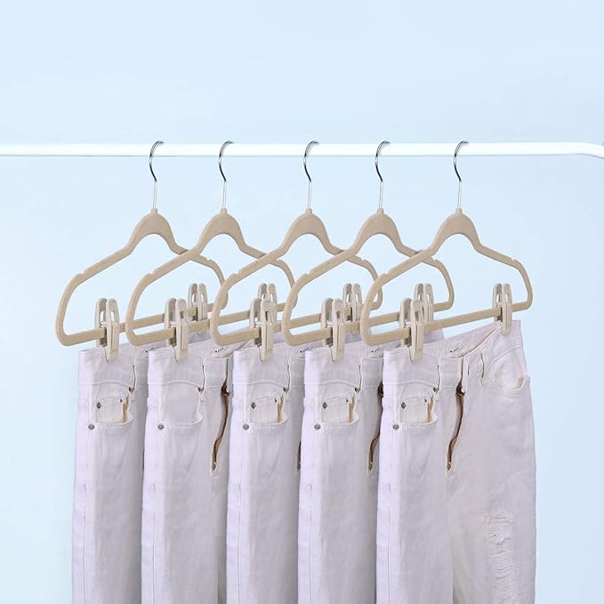 Trgowaul Velvet Hangers - Strong Finger Clips for Thin Pants (20pc, Beige)