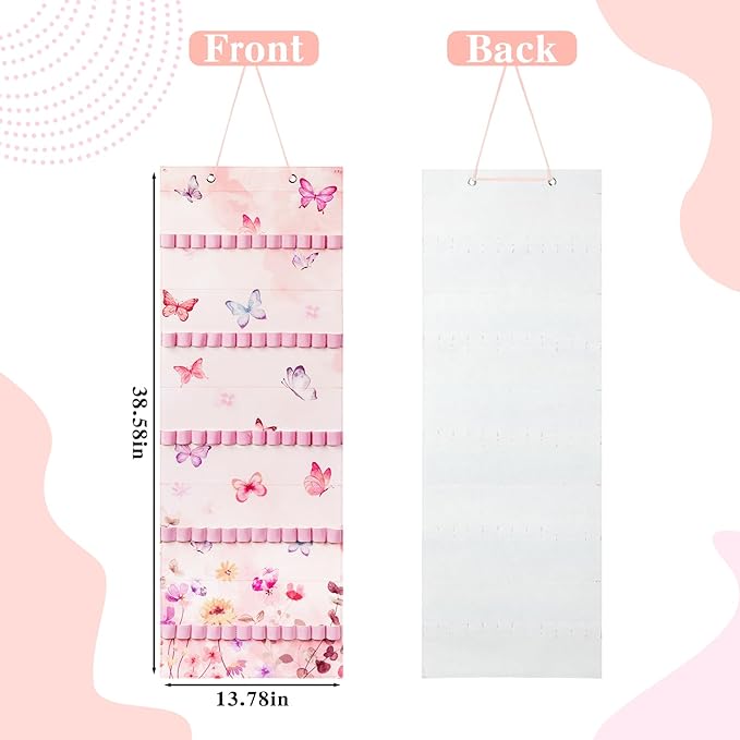 Tudomro Hanging Headband Holder for Girls Felt Hair Accessories Organizer with 60 Elastic Bands Bow Hanger for Girls Hair Bows Without Headbands(Butterfly,Pink, Purple)