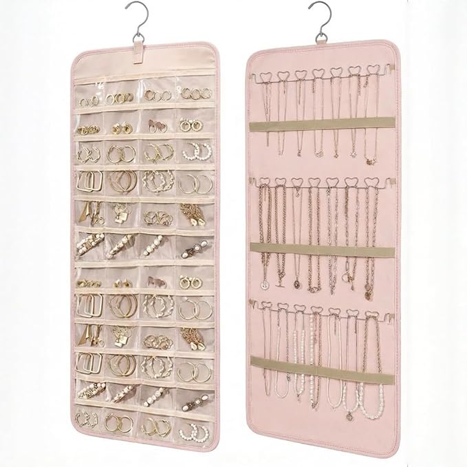 Hanging Jewelry Organizer- Dual-Sided Necklace Holder Wall Mount & Over The Door Closet Storage - Pockets Large Capacity Accessory Holder for Earrings, Rings, Bracelets - 360° Rotating (1, Pink, XL)