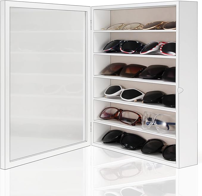 TJ.MOREE Sunglasses Organizer Storage Wall Mounted: 13 x 15.6 inches Eyewear Display Case Rustic Wood Eyeglasses Holder Large Glasses Storage Box,White