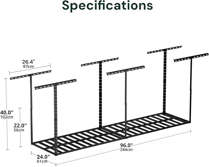 SunsGrove 2x8 Overhead Garage Storage Rack Organization, Adjustable Ceiling Mounted Storage Racks, 800LBS Weight Capacity, 22"-40" Ceiling Dropdown, Hammertone Black