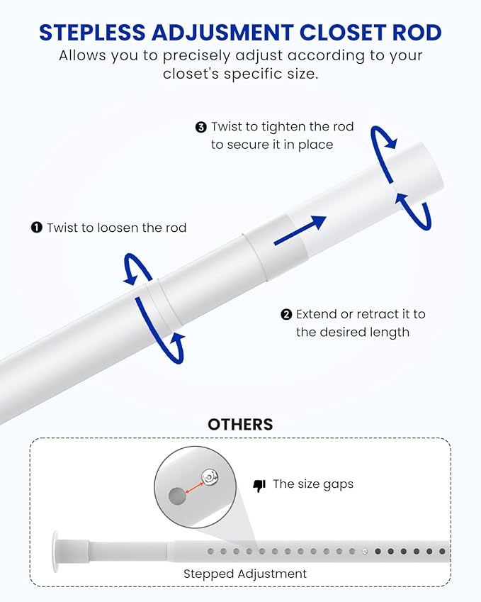 Closet Rods for Hanging Clothes, 17 to 129 Inches Stepless Adjustable Metal Closet Rod, 1.3 Inches Heavy Duty Clothes Hanging Rod for Closet Wardrobes Laundry RV, White