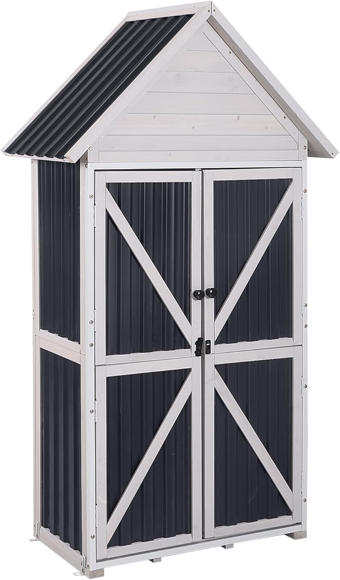 GUTINNEEN Outdoor Storage Cabinet, Wood & Metal Frame Garden Storage Shed with Waterproof Plastic Roof, Adjustable Shelves, Raised Base, Weather-Resistant Tool Shed for Backyard, Patio & Lawn, 67.5"H