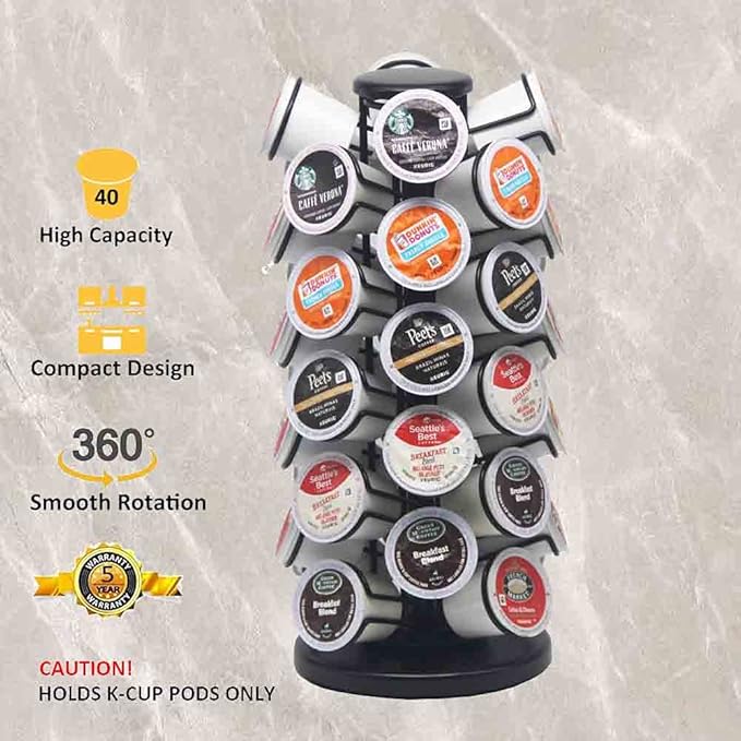 K Cup Holders,K Cup Holder, K Cups Holder,K Cup Carousel, Coffee Pods Holder Storage Organizer Stand,No Assembly Required,Black (Holds 40 Pods/Heavy Duty Base)
